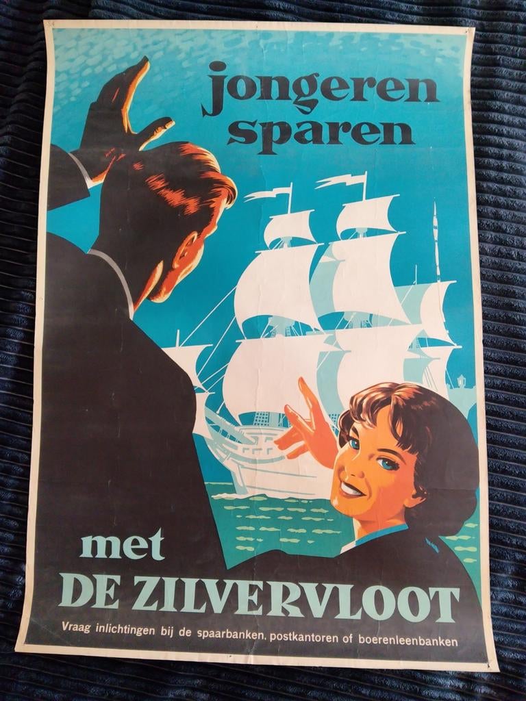 Vintage Poster: Jongeren Sparen met De Zilvervloot, Ophalen of Verzenden, Gebruikt, A1 t/m A3, Reclame