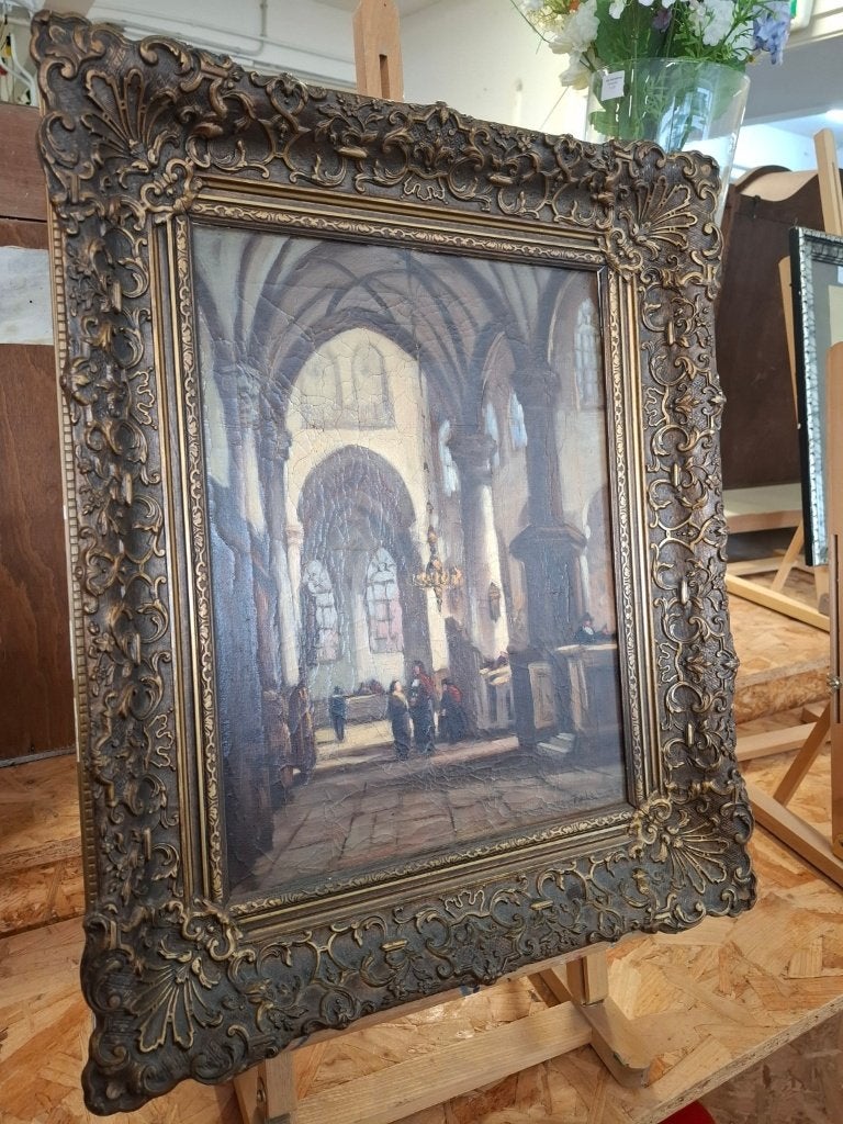 Antiek olieverfschilderij kerkinterieur 43 x 55 cm, Ophalen
