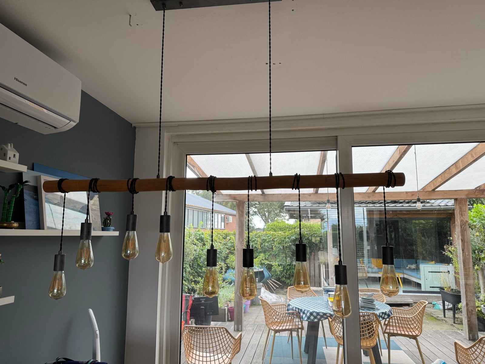 Bamboe hanglamp met 9 ledlampen, Ophalen, Gebruikt, Hout, E27 (groot)