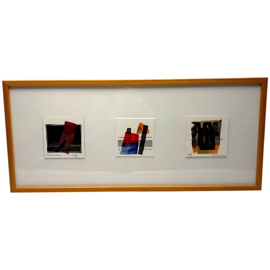 Jan Loman, serie van drie kleine kunstwerkjes, in één lijst, Antiek en Kunst, Ophalen of Verzenden