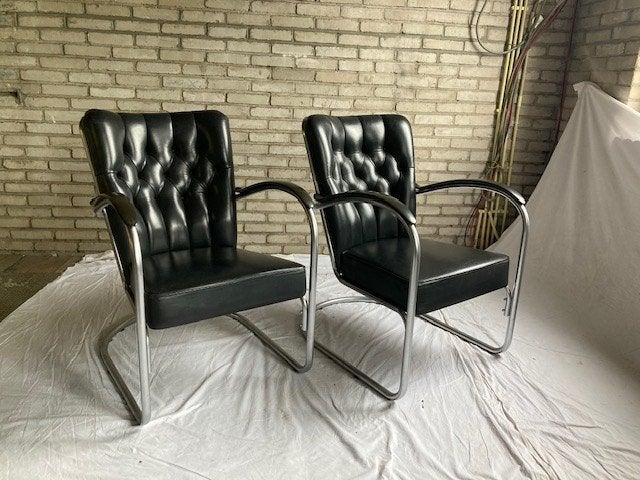 2 Dutch Originals Gispen 412 GE Fauteuils Zwart Leder, Ophalen, Minder dan 75 cm, Sales@dutchoriginals.com, Dutch Originals