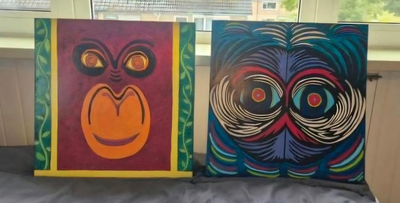 Set van 2 kleurrijke schilderijen: aap en uil, Antiek en Kunst, Kunst | Schilderijen | Modern, Ophalen, Acrylverf, Dieren