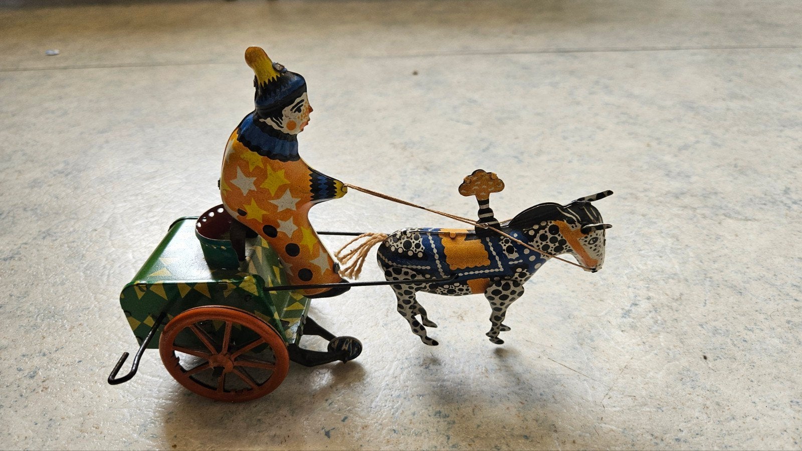 Vintage blikken speelgoed: clown met kar en ezel, Ophalen of Verzenden