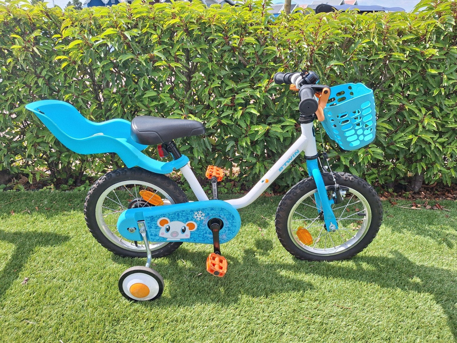 B'TWIN 14" kinderfiets 100 ARCTIC met mandje en poppenstoel, Ophalen, Minder dan 16 inch, Btwin Decathlon, Zijwieltjes
