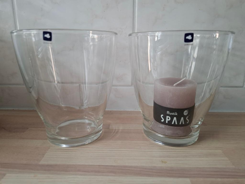 Set van 2 glazen windlichten, Huis en Inrichting, Ophalen of Verzenden, Zo goed als nieuw, Overige materialen