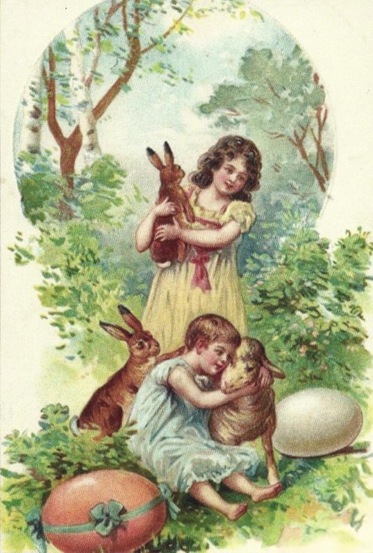 Pasen prentbriefkaart: Meisjes met Paasdieren {54}, Verzenden, 1980 tot heden, Ongelopen, Feest(dag)