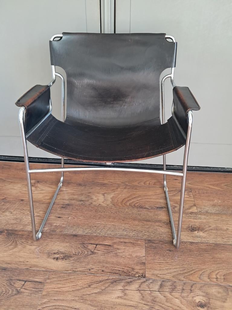 Vintage Bauhaus stijl stoel - leer en chroom, Huis en Inrichting, Stoelen, Ophalen, Gebruikt, Bauhaus, Zwart
