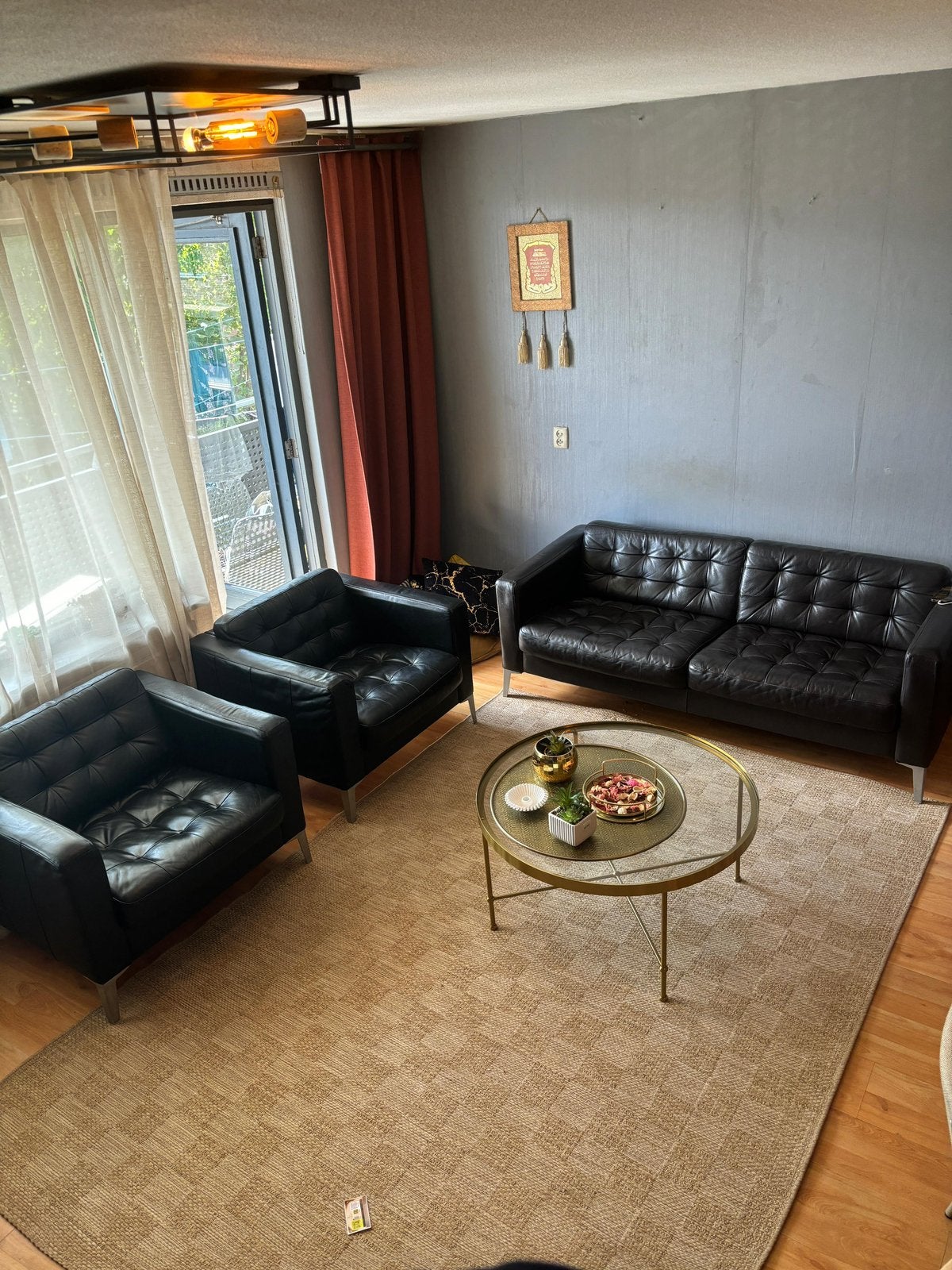 Zwart echt leren bankstel 3-delig Retro /Vintage uitstraling, Ophalen, 250 tot 300 cm, Gebruikt, Minder dan 75 cm