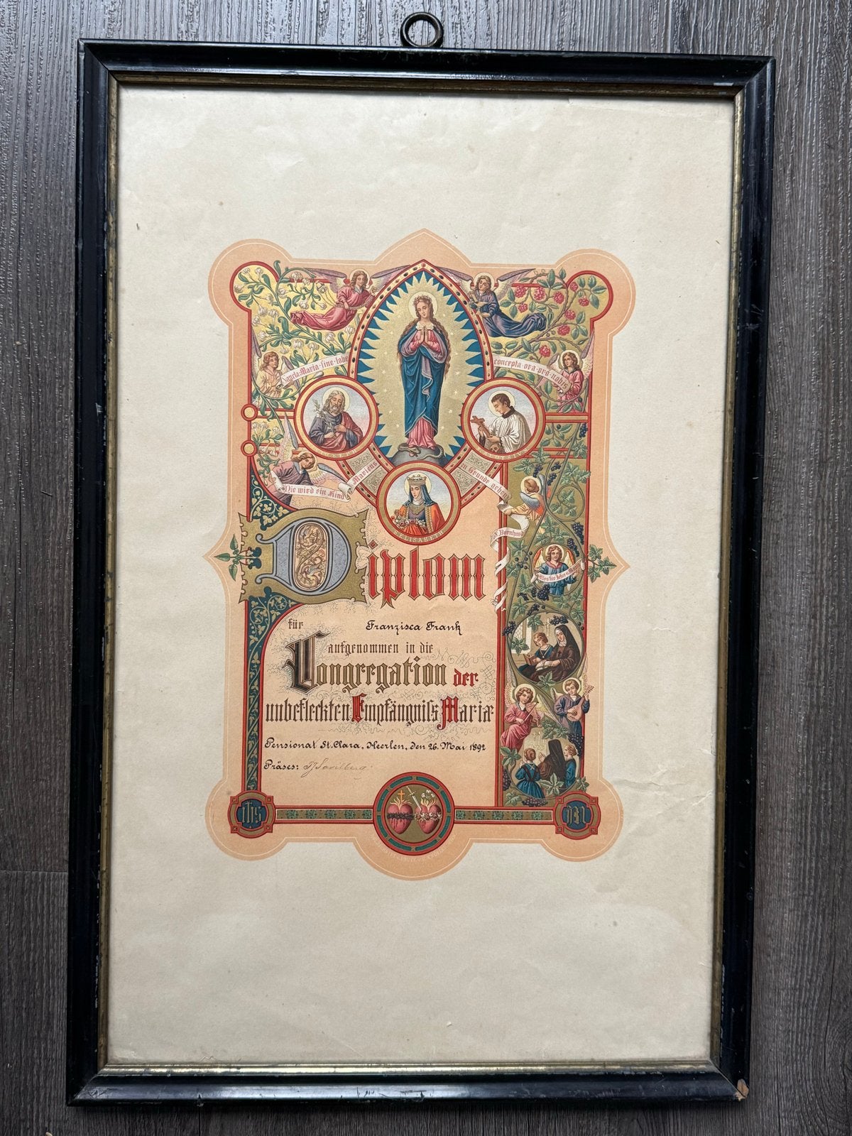 Oud religieus diploma uit 1891, ingelijst, Ophalen