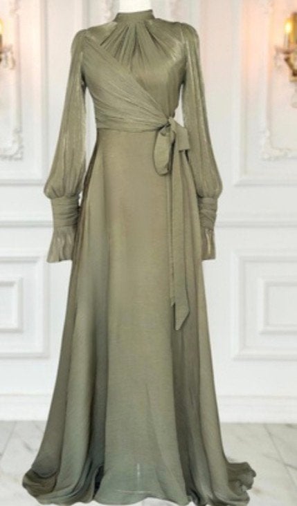 Elegante Groene Maxi Jurk met Lange Mouwen mt. 48, Maat 46/48 (XL) of groter, Ophalen of Verzenden, Onbekend, Zo goed als nieuw