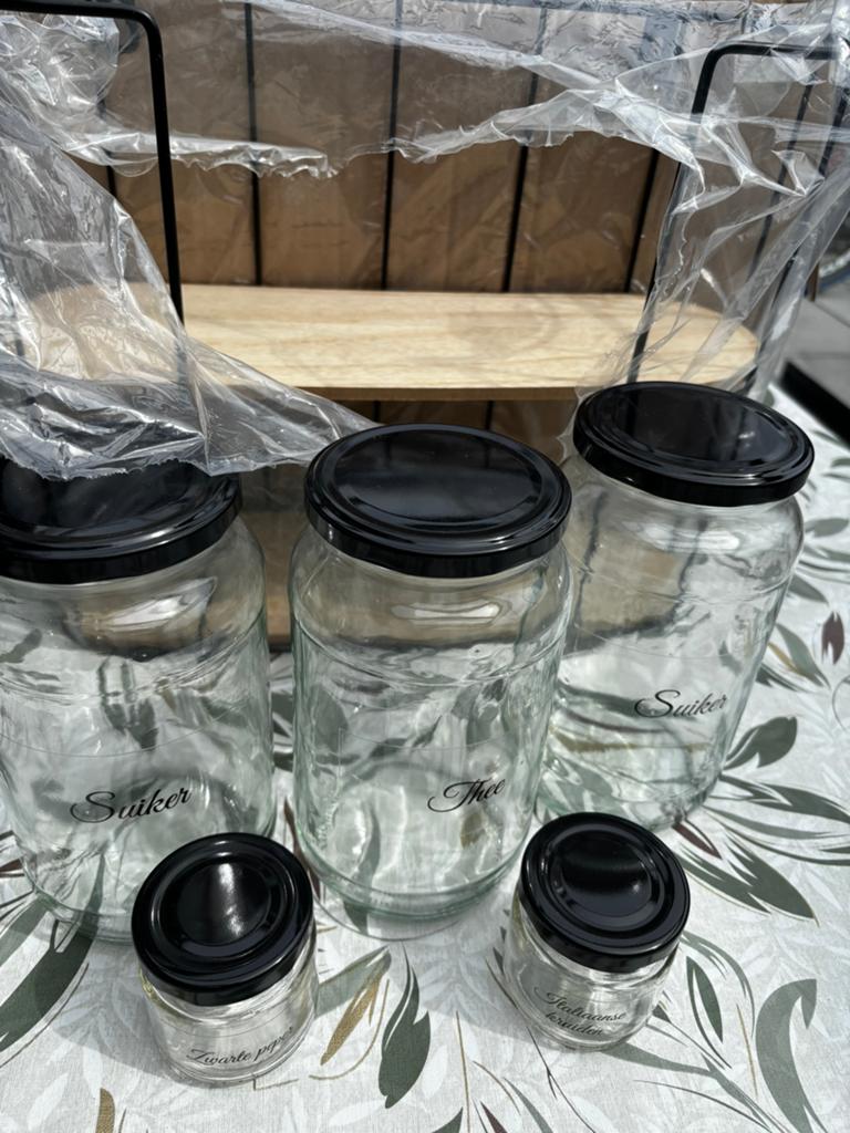 Glazen potten met deksel + bijpassend rek – Nieuw, Ophalen of Verzenden, Nieuw, Glas, Pot, Bus of Blik