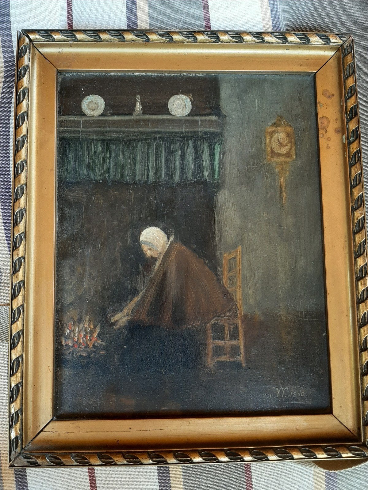 Oud schilderijtje : Vrouw bij haardvuur, gesigneerd, Antiek en Kunst, Kunst | Schilderijen | Klassiek, Ophalen of Verzenden, Ingelijst