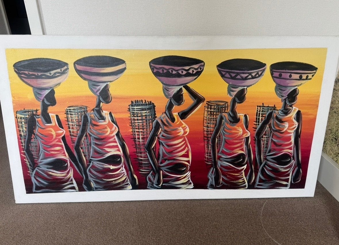Afrikaans schilderij acrylverf - Vrouwen met manden, Ophalen, Afrika, Meerkleurig, Geschilderd
