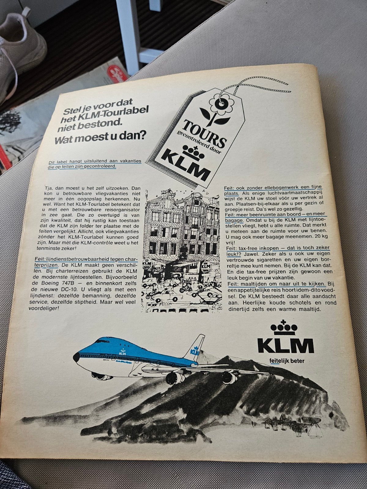 KLM reclame pagina, Verzamelen, Luchtvaart en Vliegtuigspotten, Ophalen of Verzenden, Gebruikt, Boek of Tijdschrift