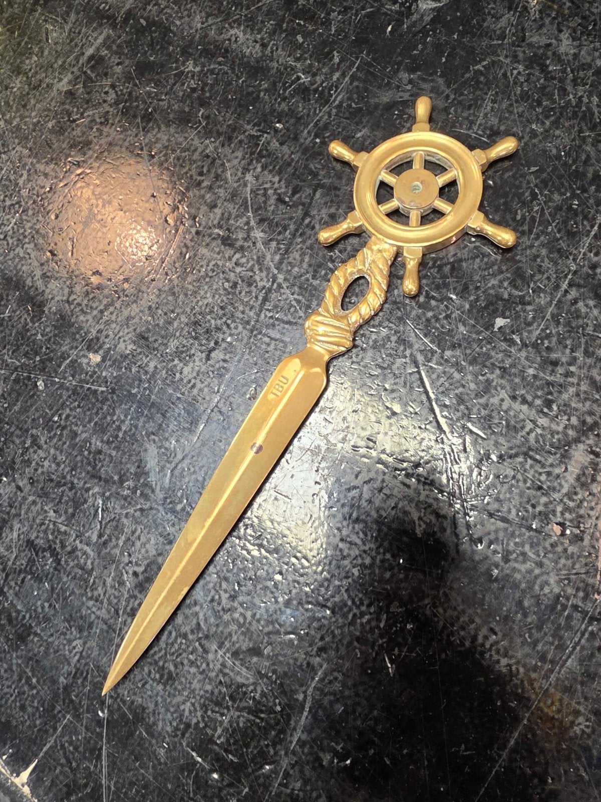 Vintage messing briefopener met scheepsroer handvat, Ophalen of Verzenden