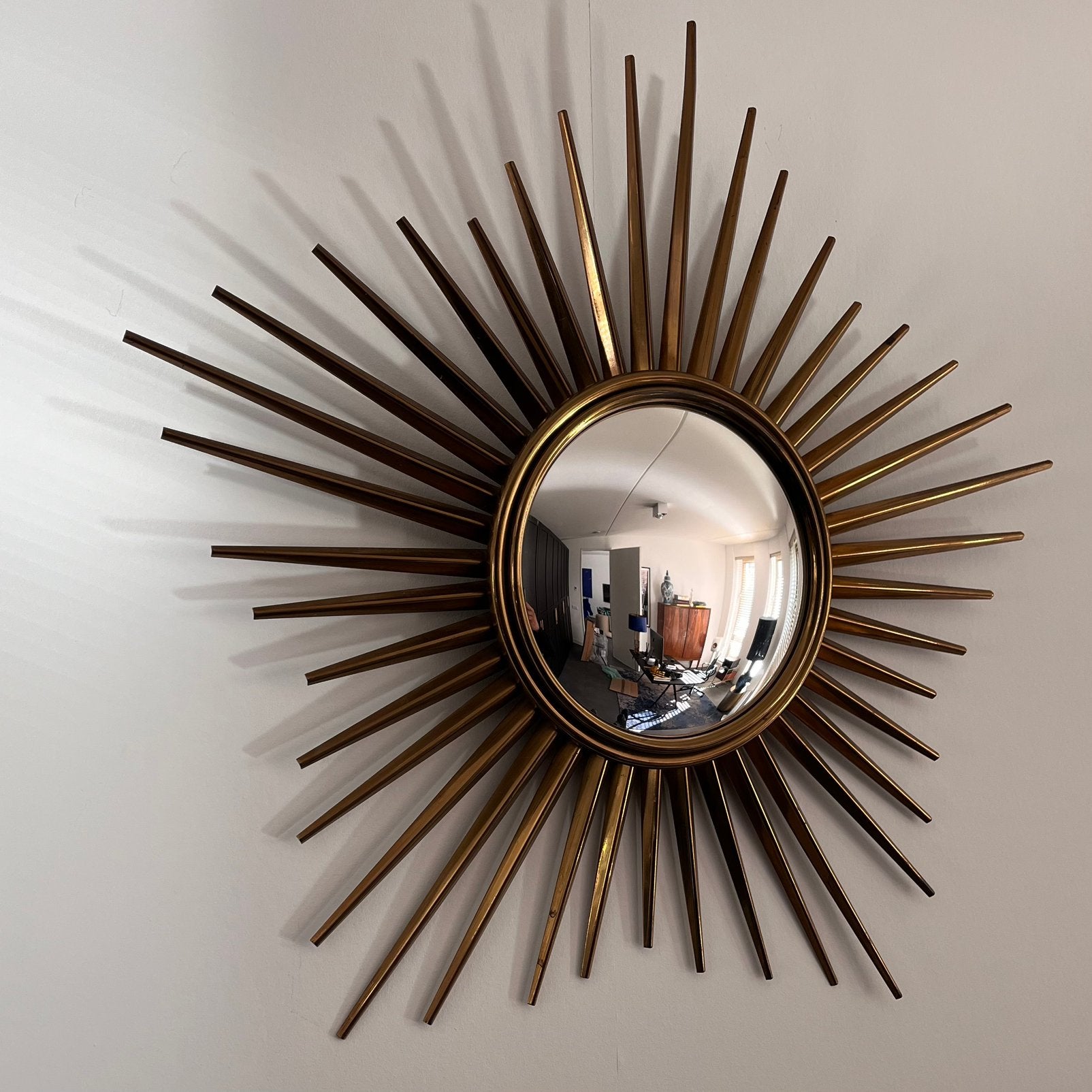 Originele Mid-Century Sunburst Convex Zonnespiegel 62 cm, Ophalen, Overige vormen, 50 tot 100 cm, Minder dan 100 cm