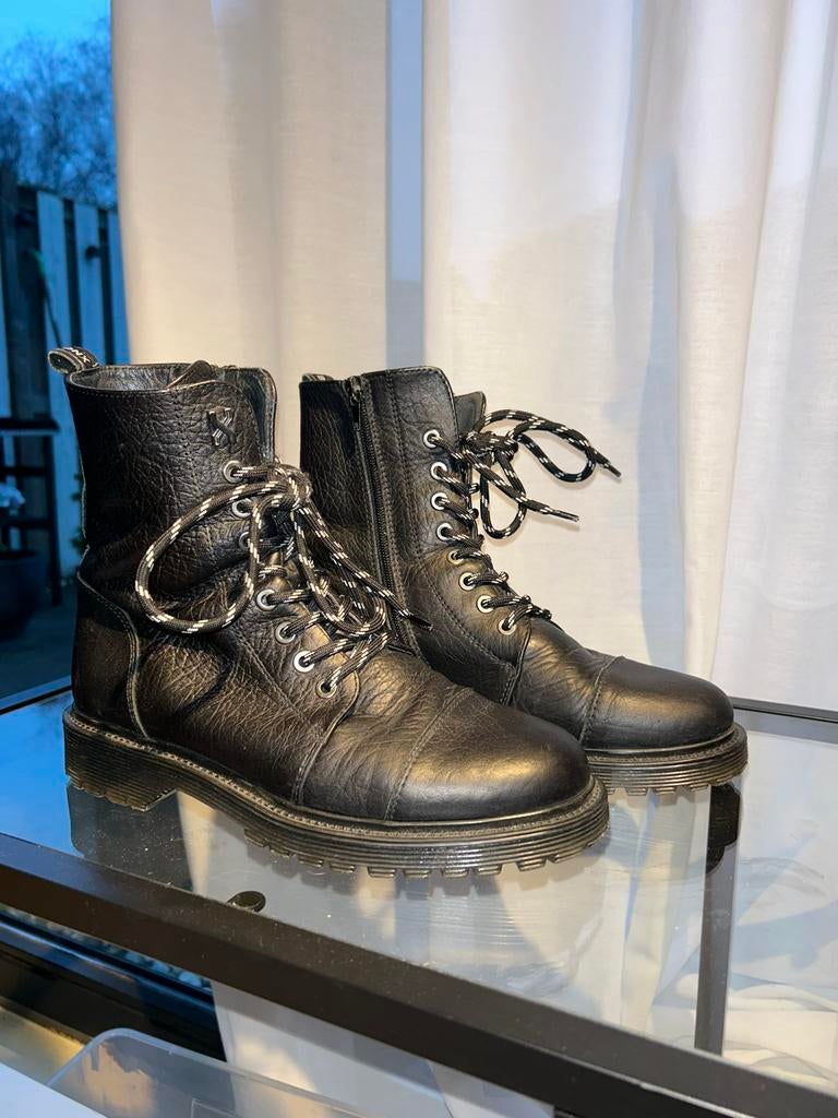 BRONX - Zwarte leren veterlaarzen met rits, Kleding | Dames, Schoenen, Verzenden, Gedragen, Zwart, Lage of Enkellaarzen