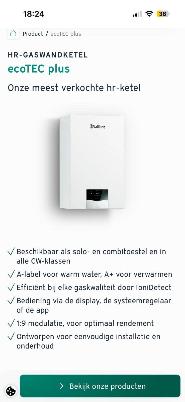 Vaillant ecoTEC plus HR-ketel - 2018 Perfect werkend, Ophalen, Minder dan 60 cm, Cv-ketel of Combi-ketel, 30 tot 80 cm