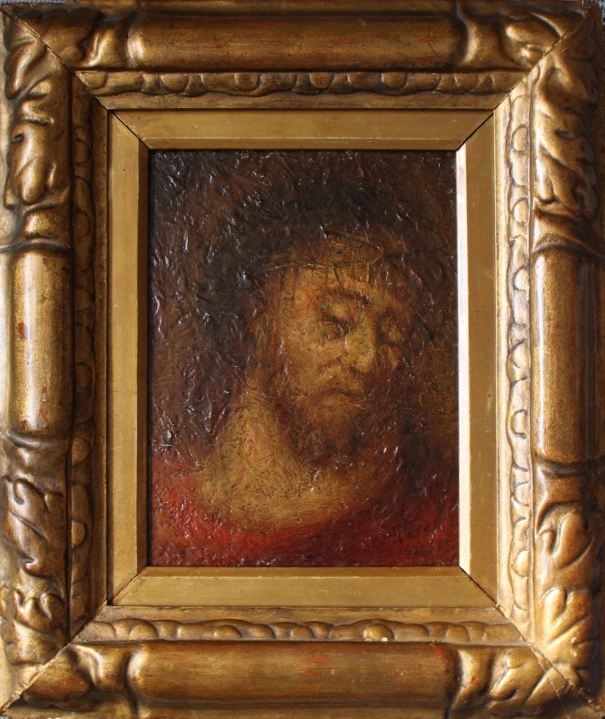 Zeer oud, olieverf op paneel. Fraaie lijst, ond. gesigneerd., Paneel, Portret of Personen, Ophalen of Verzenden, Olieverf