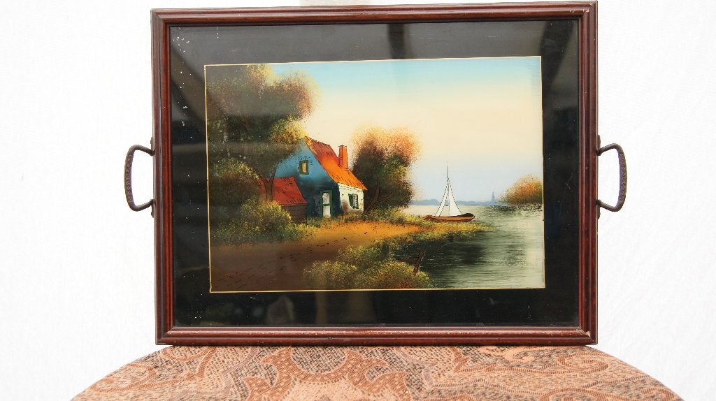 Dienblad met beschildering achter glas, Ophalen of Verzenden