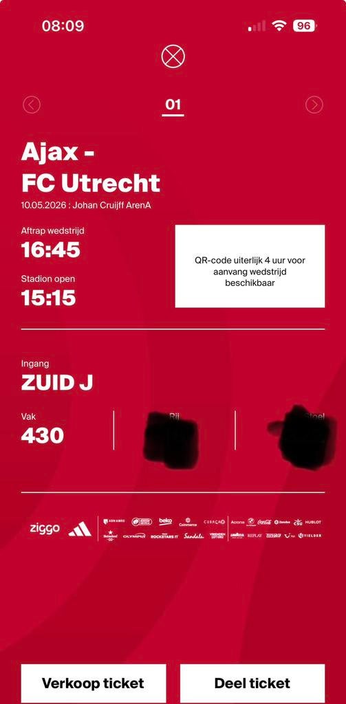 Ajax - Fc Utrecht, Tickets en Kaartjes, Eén persoon, December