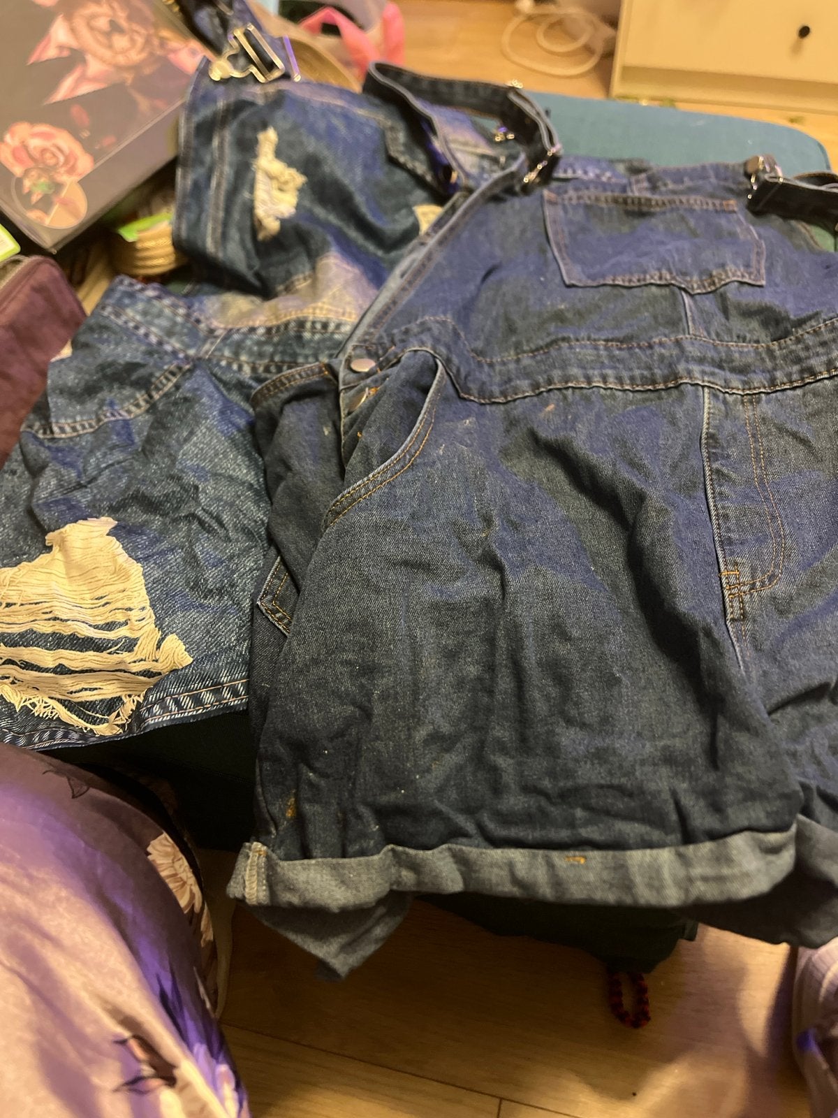 Denim tuinbroek shorts met distressed details, Kort, Blauw, Maat 46/48 (XL) of groter, Ophalen of Verzenden