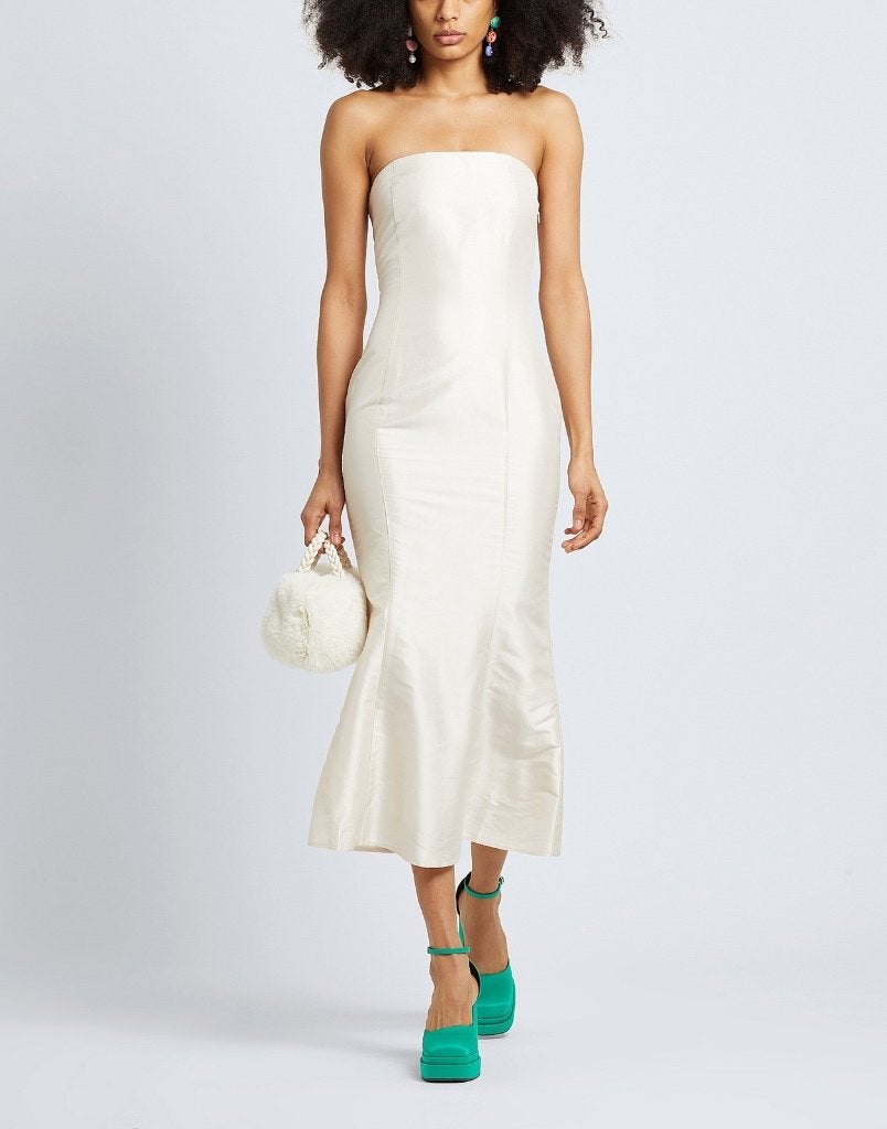 RRP€254 8 By Yoox Silk Midi Trumpet Dress, Maat 38/40 (M), Verzenden, Wit, Nieuw