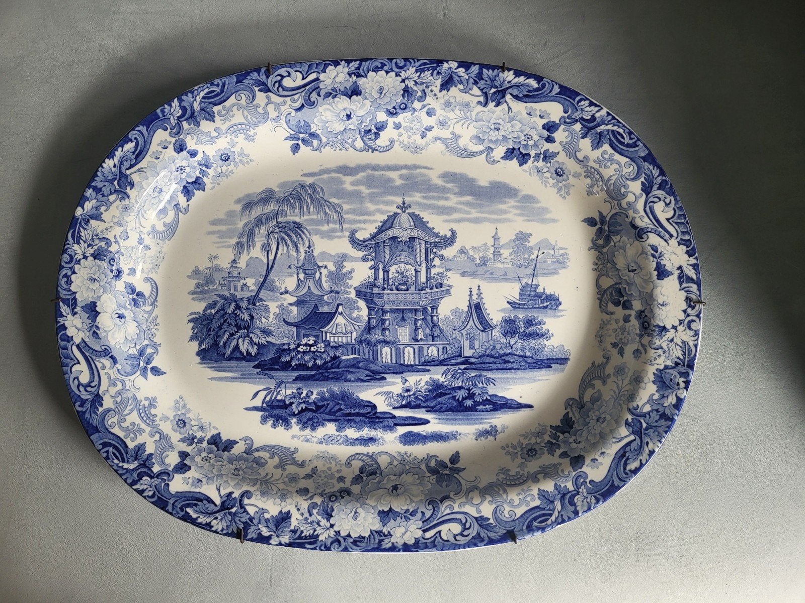 Grote Victoriaanse Wedgwood schaal transferware Chinoiserie, Ophalen
