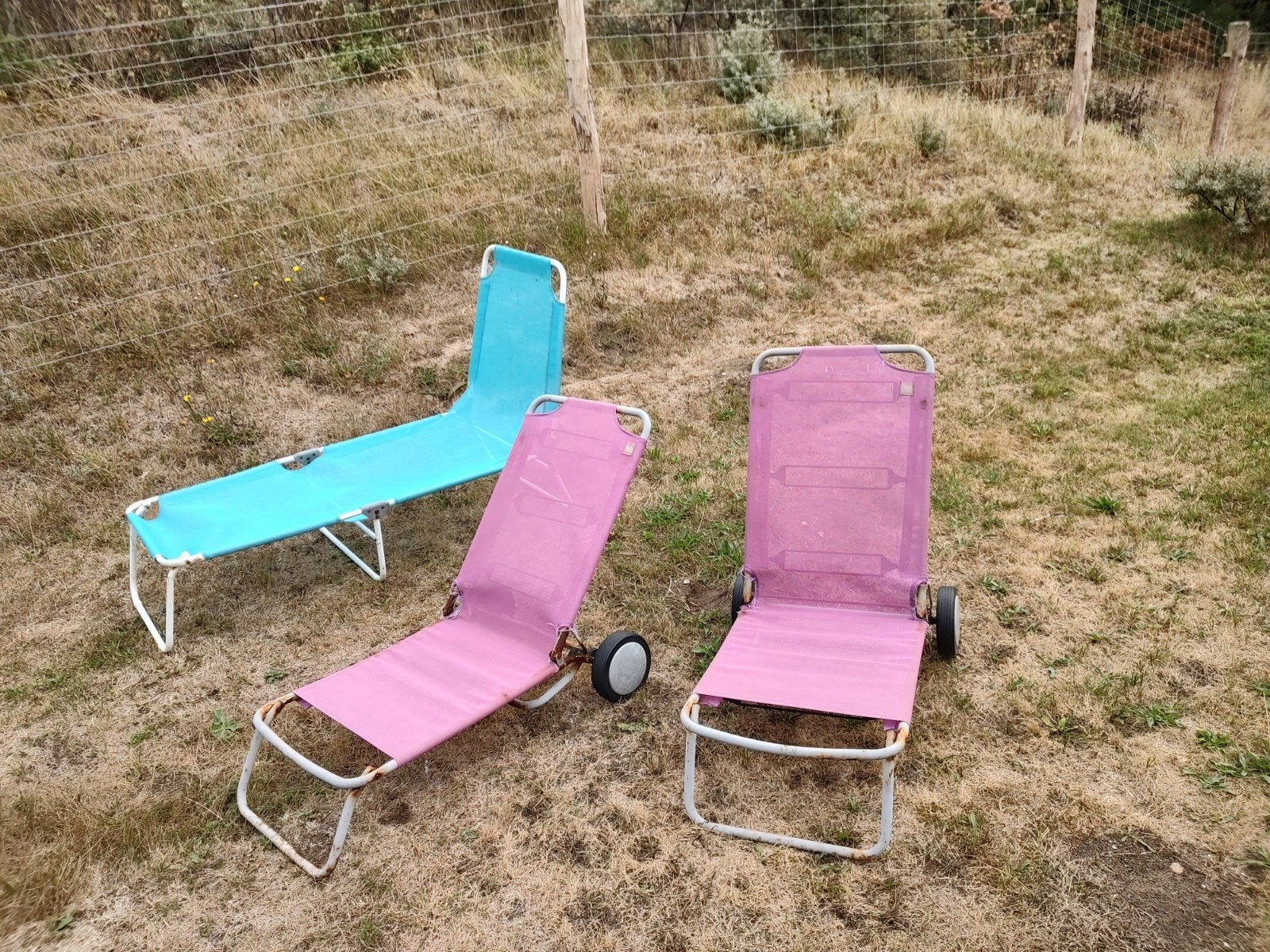 Ligbedden - set van 3 (2 roze, 1 blauw), Tuin en Terras, Ligbedden, Ophalen of Verzenden, Gebruikt, Metaal, Verrijdbaar