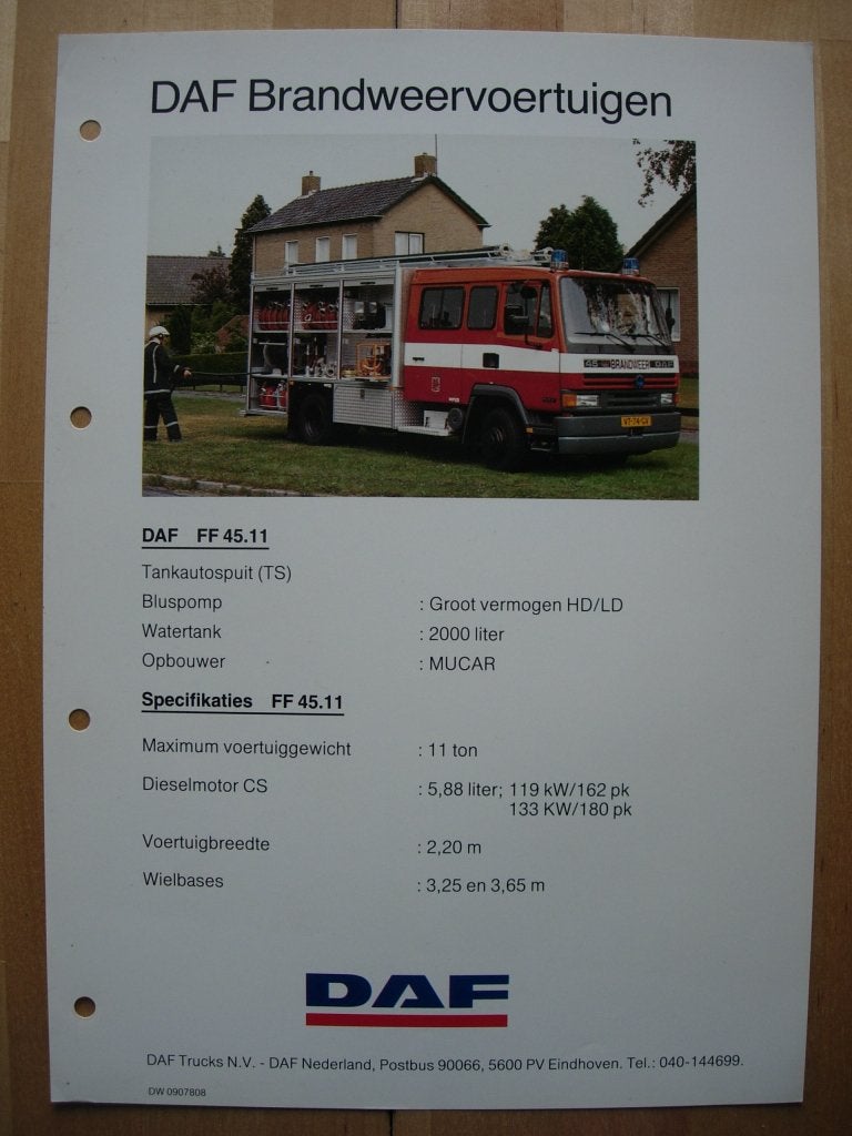 DAF FF 45 . 11 Brandweer Specificatie Folder 1993, Ophalen of Verzenden, Zo goed als nieuw, Overige merken, DAF