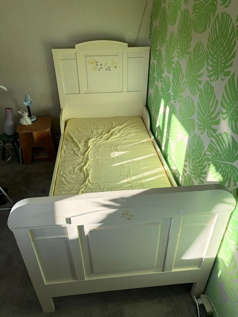 houten vintage retro bed, Ophalen, Gebruikt, 90 cm, 200 cm