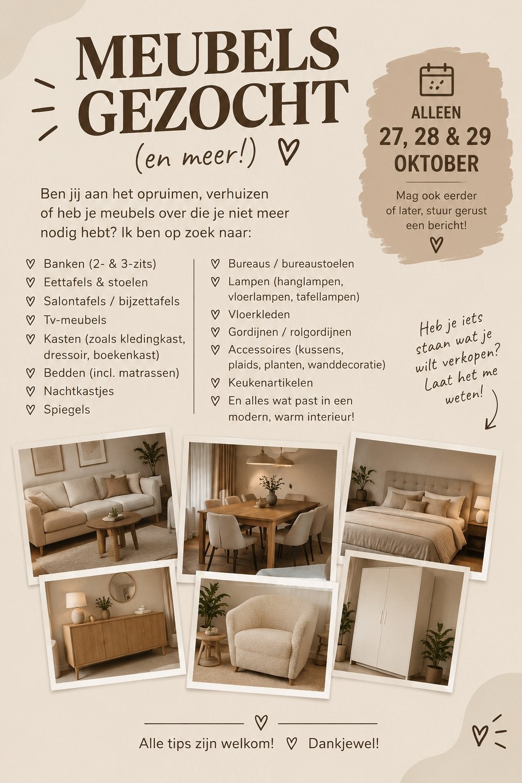 Meubels en woonaccessoires gezocht voor studentenwoning, Ophalen of Verzenden, Gebruikt