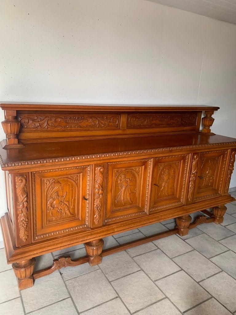 Vintage eiken Dressoir met rijk houtsnijwerk en 3 deuren, Ophalen of Verzenden
