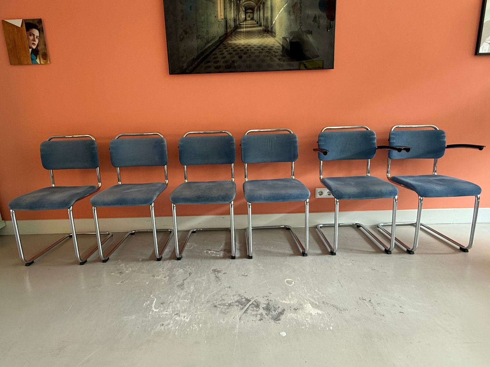 6 originele Gispen Dutch Originals sledestoelen 101L & 201L, Huis en Inrichting, Ophalen, Gebruikt, Blauw, Metaal