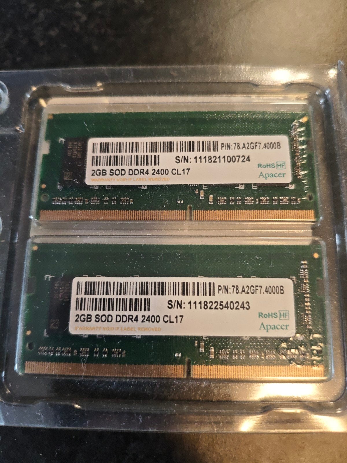 Apacer 2x 2GB SOD DDR4 2400 CL17 RAM voor laptop, DDR4, Ophalen of Verzenden, Zo goed als nieuw, Laptop