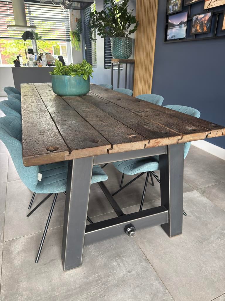Eettafel hout en staal robuust en industrieel 265x100, Ophalen, Gebruikt, 200 cm of meer, Vijf personen of meer
