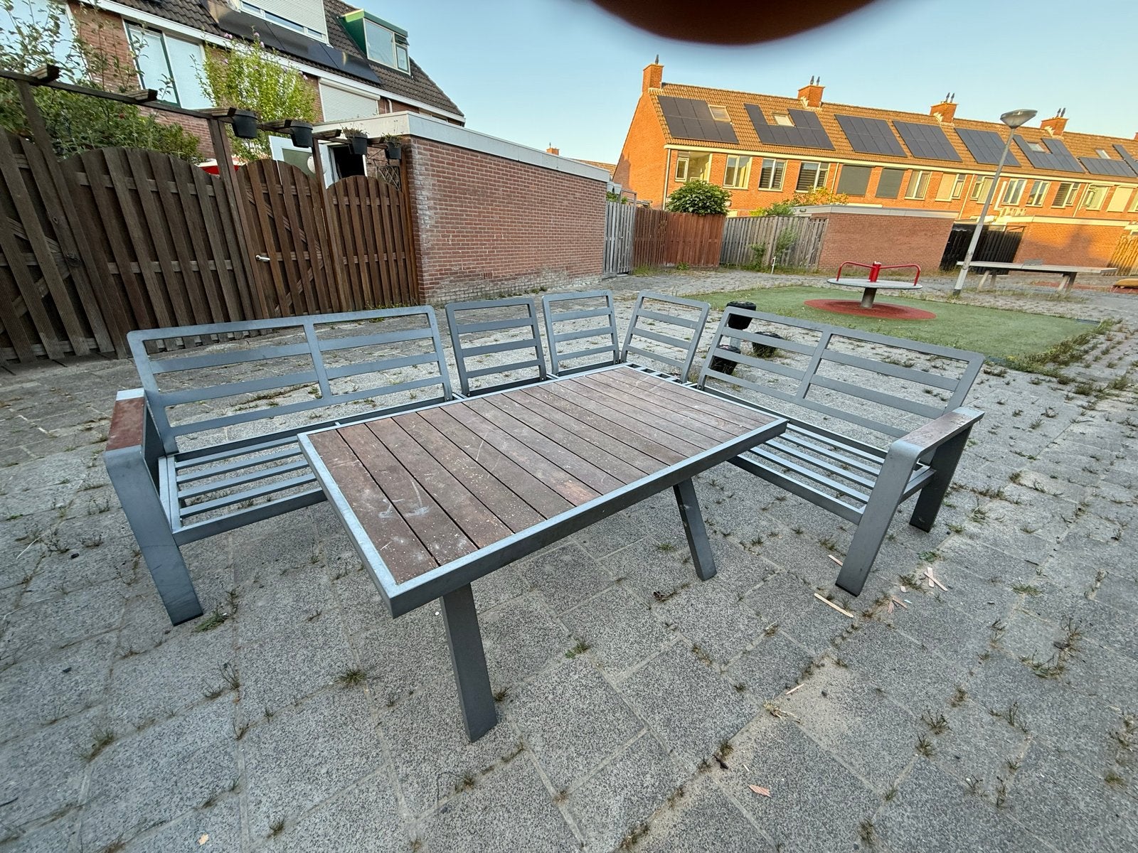 Tuinset met banken en tafel Aluminium en Hout ZONDER KUSSENS, Ophalen, Gebruikt, 6 zitplaatsen, Aluminium