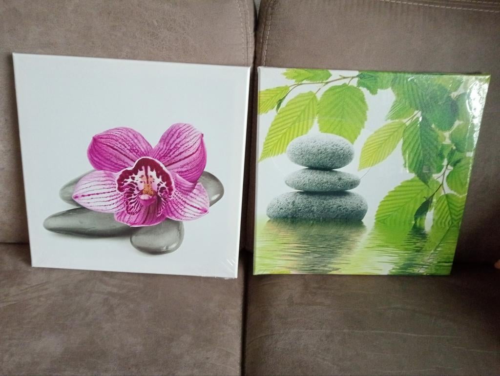 Set van 2 Zen Canvas Schilderijen: Orchidee & Stapel Stenen, Minder dan 50 cm, Nieuw, Ophalen of Verzenden, Schilderij