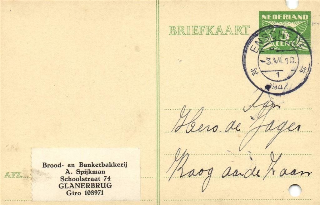 A. Spijkman, Glanerbrug - 06.1942 - briefkaart - 1942 geschr, Postzegels en Munten, Ophalen of Verzenden, Briefkaart