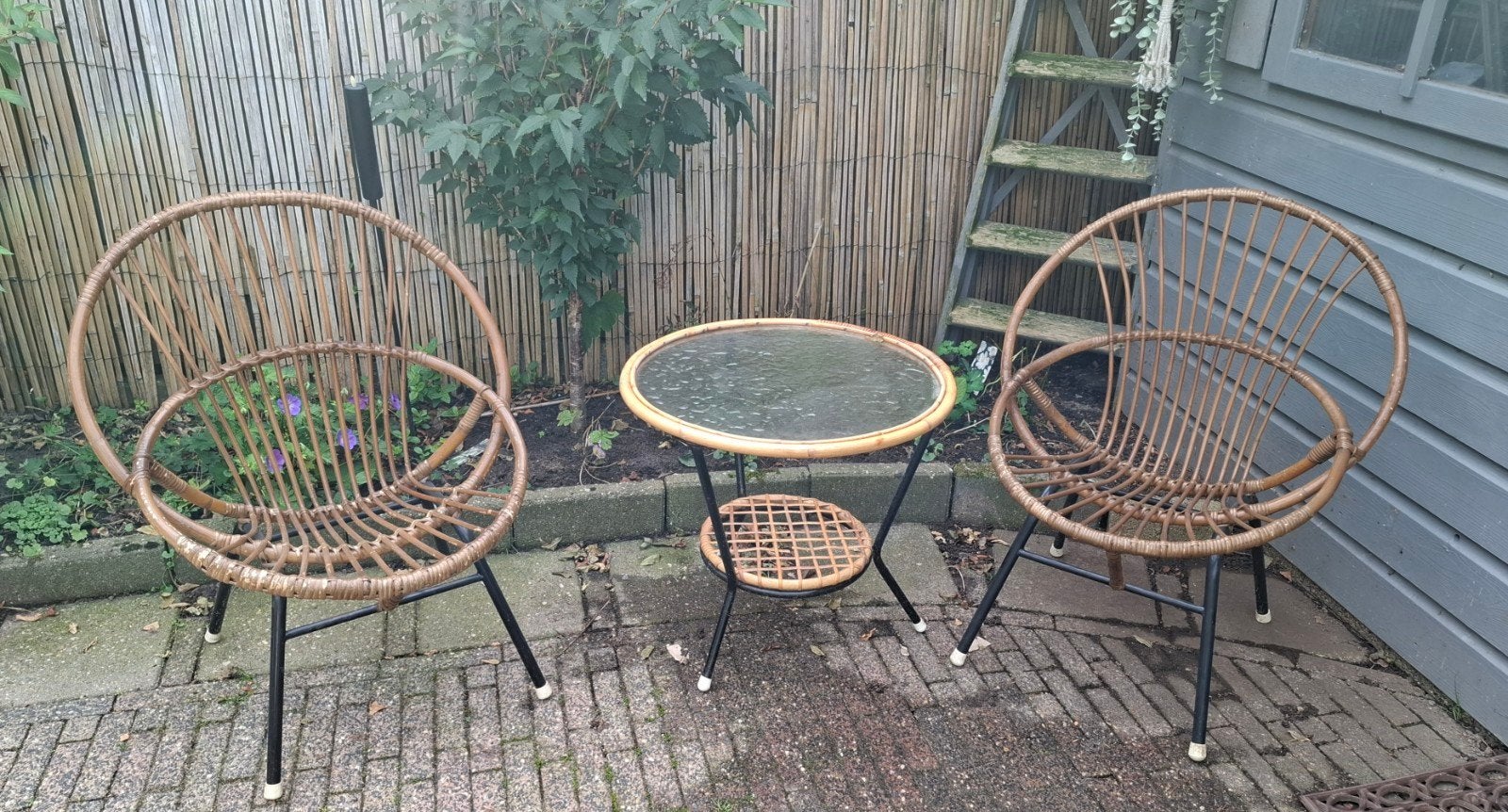 Rohé Noordwolde Rotan setje - 2 stoelen en bijzettafel, Gebruikt, Bijzettafel, Rotan, Tuinset