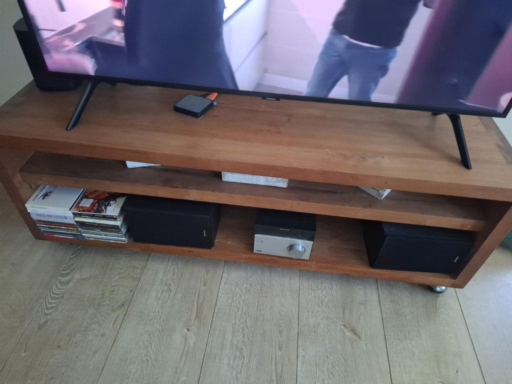 Teakhouten TV-meubel met opbergruimte, Ophalen, Gebruikt, 100 tot 150 cm, Teakhout