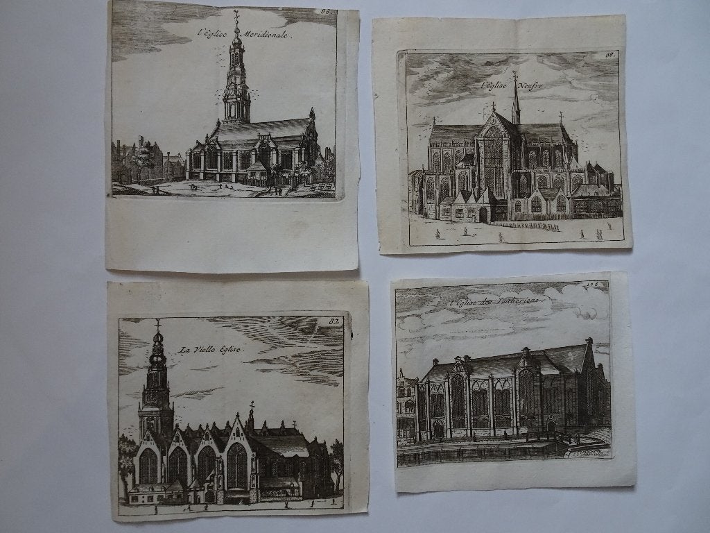 Gravures 4 stuk Lutherse kerk Nieuwe- Oude- Zuiderkerk 1720, Antiek en Kunst, Kunst | Etsen en Gravures, Verzenden, Architectuur