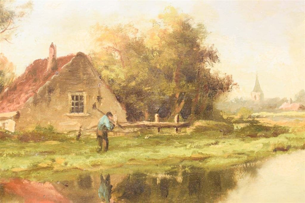 Schilderij van een boerderij met een boer 48398, Ophalen of Verzenden, Gebruikt, Schilderij