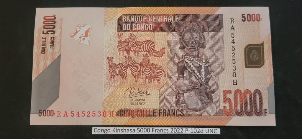 Congo Kinshasa 5000 Francs 2022 P-102d UNC, Postzegels en Munten, Bankbiljetten | Azië, Ophalen of Verzenden