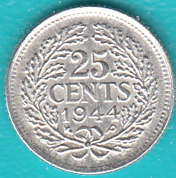 Nederland 25 cent 1944 EP Wilhelmina zilver, Sch. 1057, Zilver, 25 cent, Ophalen of Verzenden, Koningin Wilhelmina