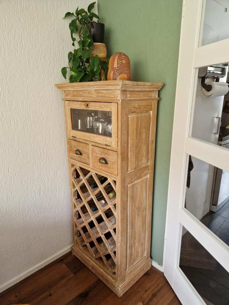 Teak wijnkast, Huis en Inrichting, Ophalen of Verzenden, Hout, 75 cm of meer, 25 flessen of meer