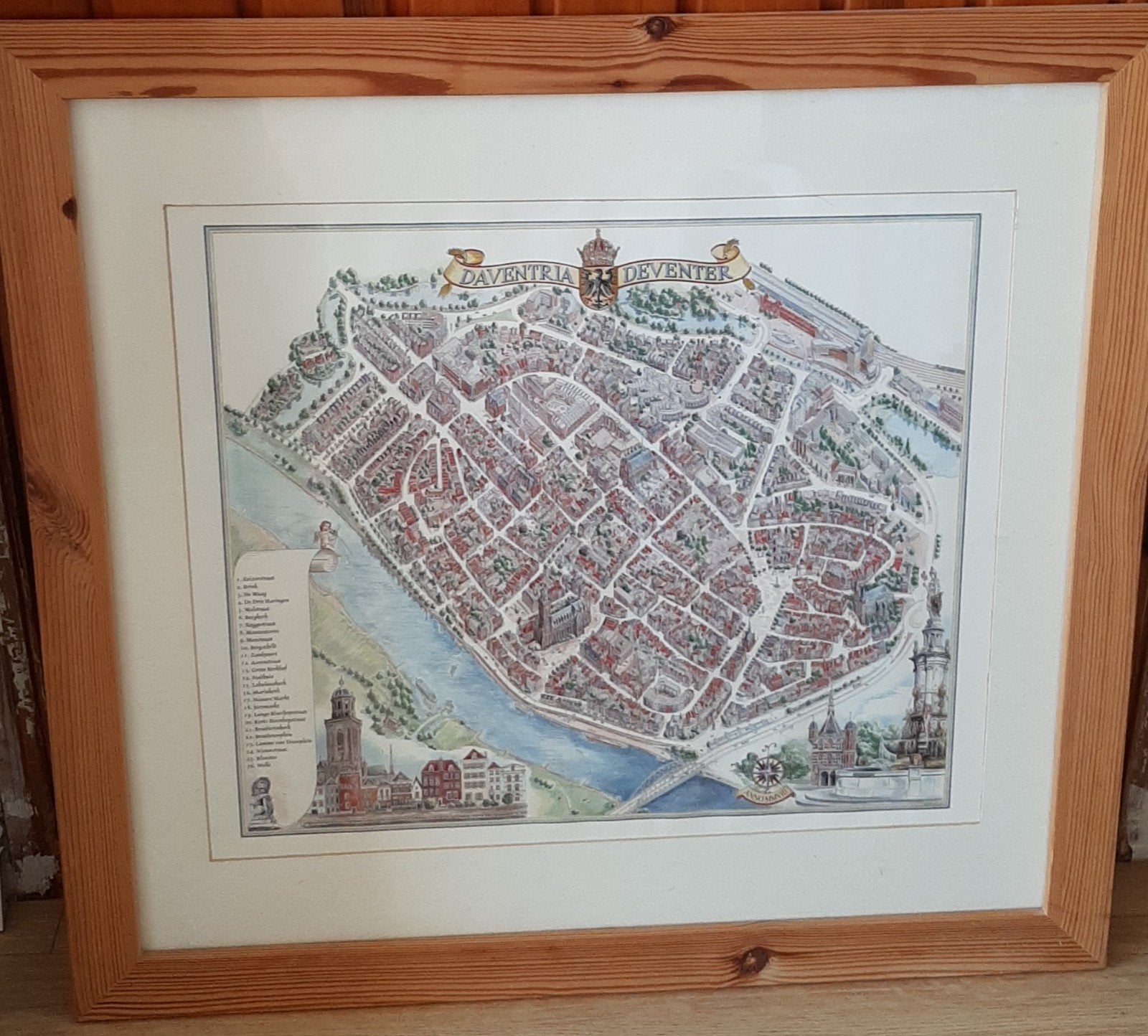 Deventer Daventria kaart  binnenstad houten passe partout, Ophalen, Gebruikt, Ingelijst werk, Met glas