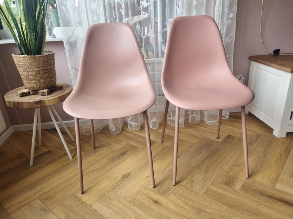2 oud- roze eetkamerstoelen (kunststof & metalen onderstel), Huis en Inrichting, Ophalen, Zo goed als nieuw, Overige kleuren, Kunststof