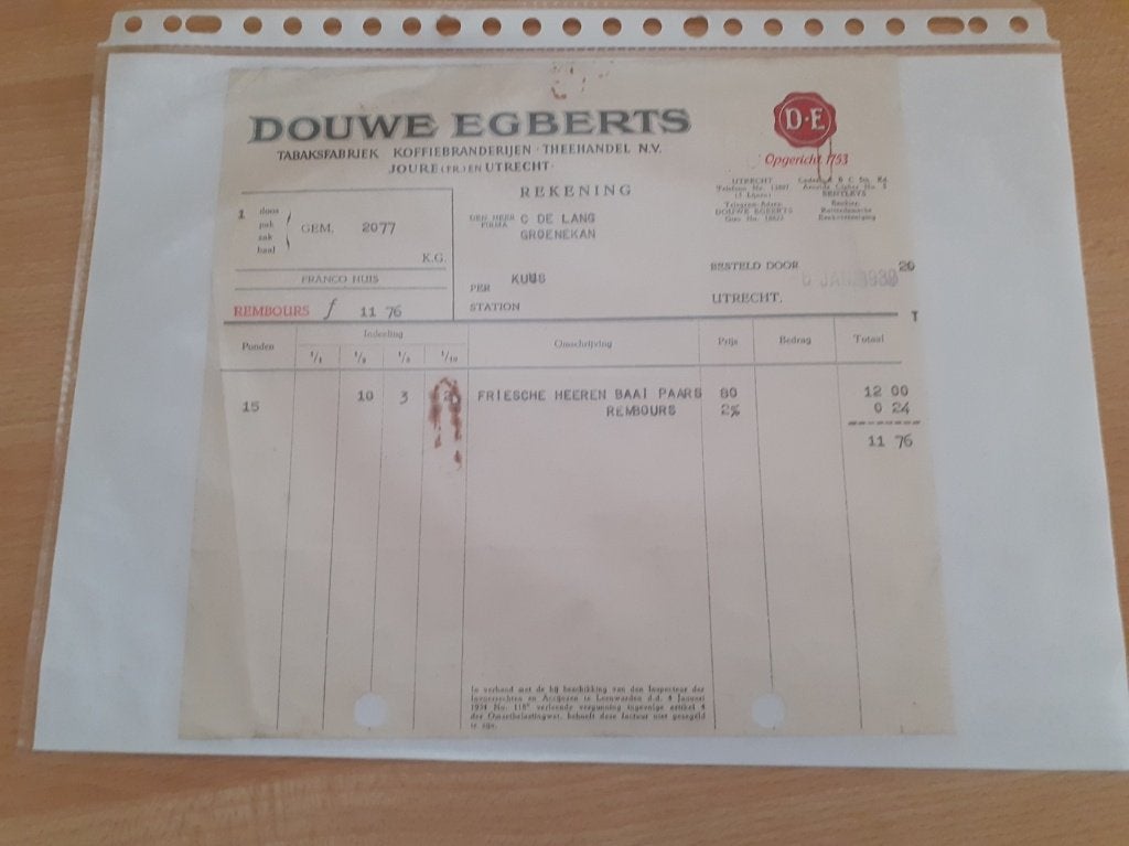 Douwe Egberts Friesche Heerenbaai factuur 1939 Utrecht Joure, Verzamelen, Ophalen of Verzenden, Gebruikt, Sigarenbandjes