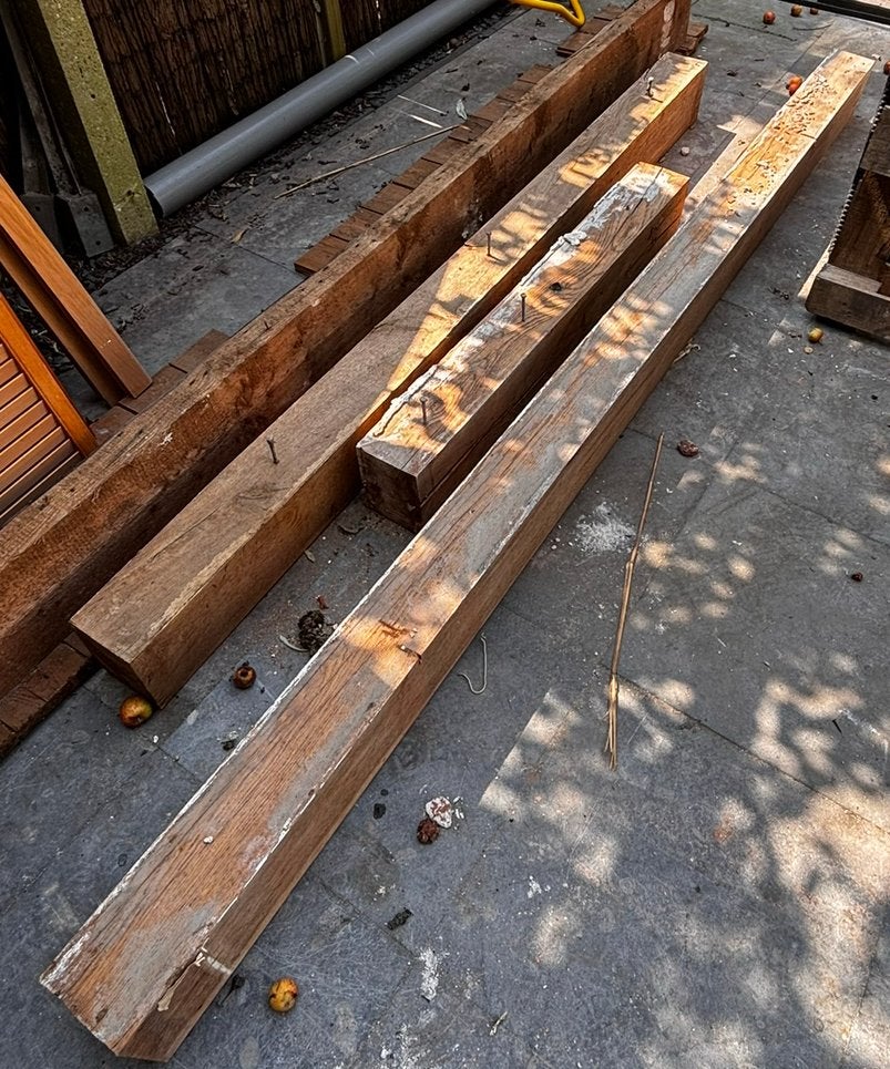 3 Eiken balken, Ophalen, Gebruikt, Eiken, 50 mm of meer